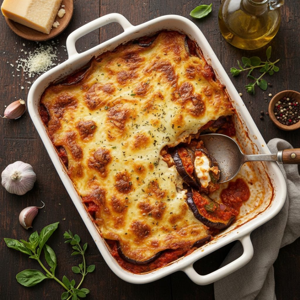 Brinjal Melanzane Parmigiana in a casserole dish