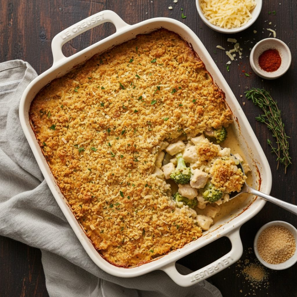 Chicken & Broccoli bake in a casserole dish